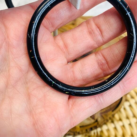 Vintage Black Plastic Glitter Large Hoops 2.25" diameter - Picture 3 of 6